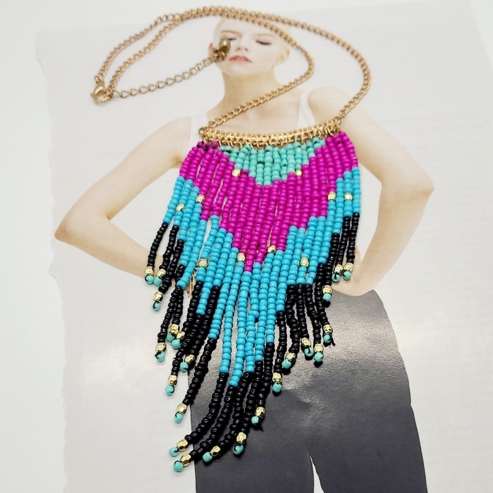 NWT Handmade Seedbead Vibrant Colorful Boho Gold Necklace